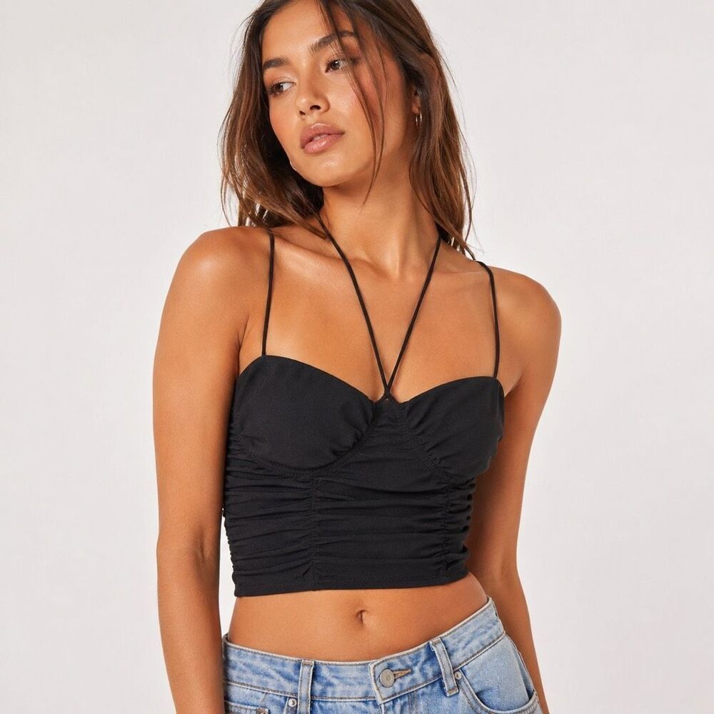 Out From Under Black Ruched Crop Top Size L Y2K Going Out Coquette